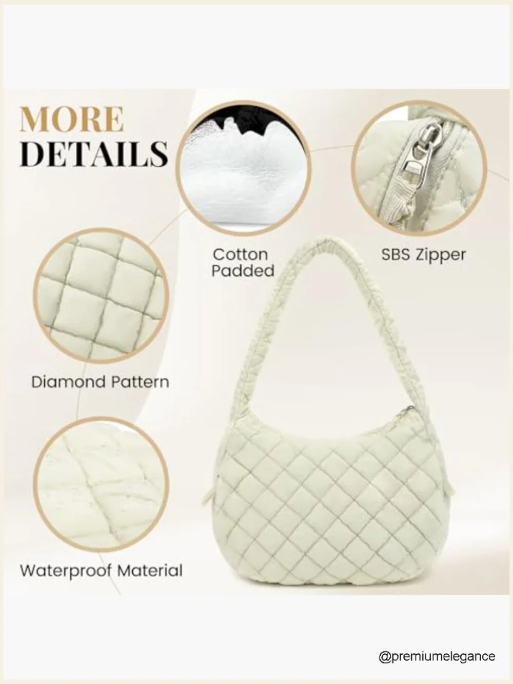Large Quilted Puffer Tote Bag with Zipper, Lightweight Shoulder Bag for Work - Picture 5 of 7
